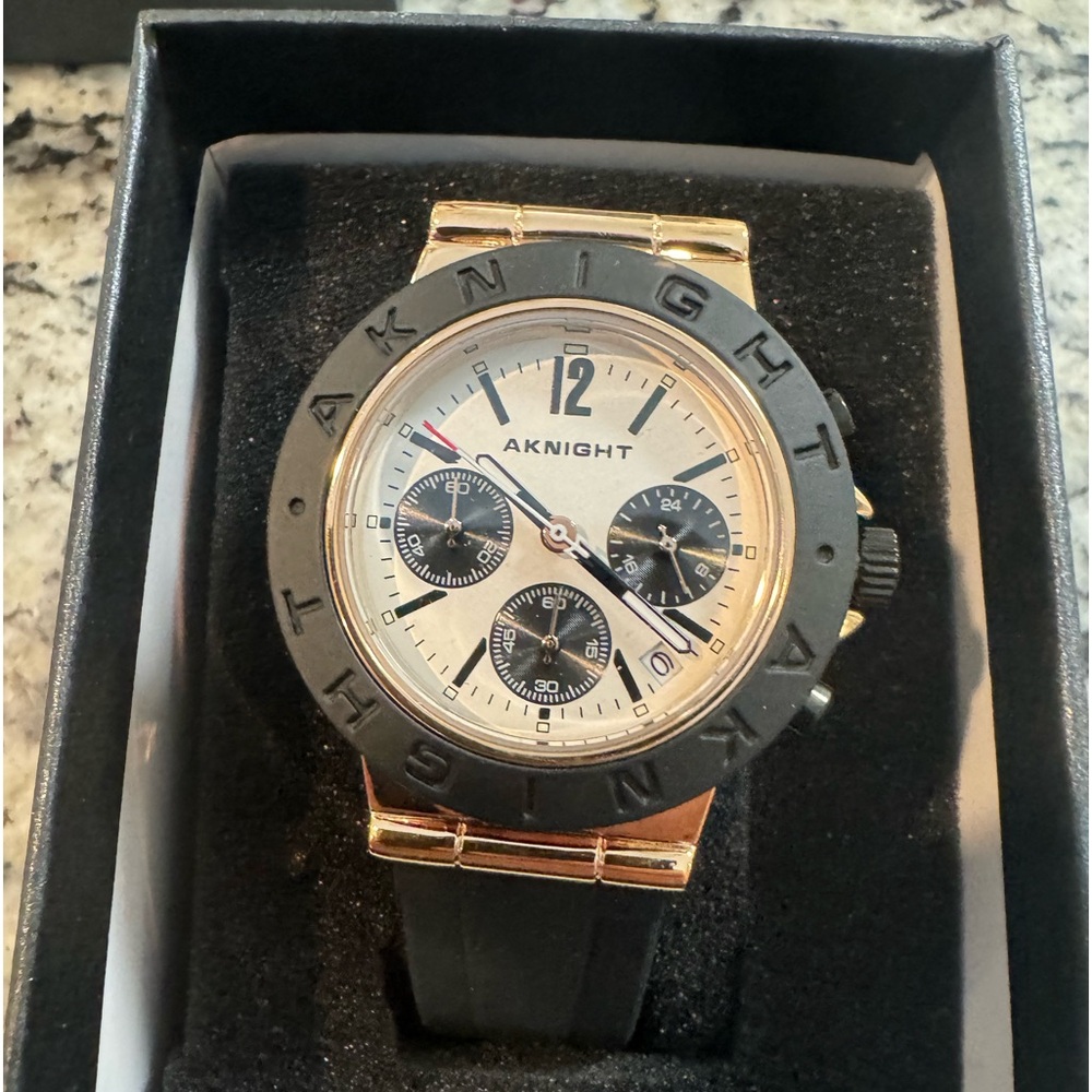 AKNIGHT Black and Rose Gold Rubber Strap Chronograph Watch
